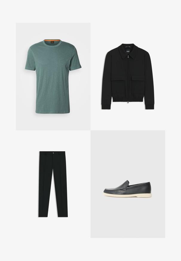 Black bomber jacket with a collared neck, zip front, and two large flap pockets. Features ribbed cuffs and hem, made of textured fabric.; BOSS TEGOOD - Basic T-shirt - open green; Black dress pants with a straight-leg design, made of smooth fabric. Features a front button closure and belt loops. Plain without patterns.; Black leather slip-on loafers with a textured finish and a contrasting beige rubber sole. Features a subtle accent along the front.