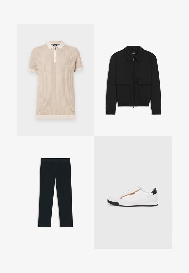 Black bomber jacket with a collared neck, zip front, and two large flap pockets. Features ribbed cuffs and hem, made of textured fabric.; Beige short-sleeve polo shirt featuring a ribbed texture, zipper collar, and contrasting trim along the sleeves and hem. Subtle logo detail.; Dark navy chinos made from cotton blend fabric. Features belt loops, front pockets, and a zipper fly with button closure.; White athletic shoes with mesh and leather accents. Features a gold "BOSS" logo, textured side panels, and a black heel cap. Rubber sole.