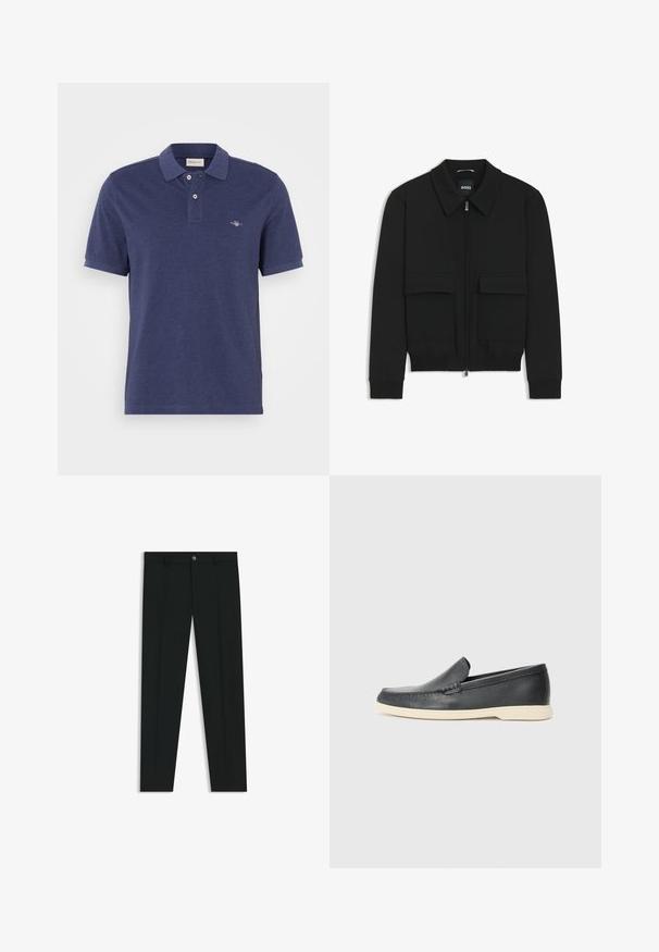 Svart bomberjacka med krage, dragkedja framtill och två stora klafffickor. Har ribbade mudd och nederkant, tillverkad av strukturerad tyg.; Mörkblå pikétröja i bomull, med en klassisk krage, två knappar och en liten broderad logotyp på bröstet.; Svarta dressbyxor med rak bendesign, gjorda av ett mjukt tyg. Har stängning med frontknapp och bälteshällor. Enfärgade utan mönster.; Svarta läder slip-on loafers med en texturerad yta och en kontrasterande beige gummisula. Har en subtil accent längs fram.