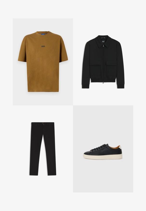 Chaqueta bomber negra con cuello tipo camisa, cierre frontal de cremallera y dos grandes bolsillos con solapa. Presenta puños ribeteados y dobladillo, confeccionada en tela texturizada.; Camiseta marrón de manga corta y cuello redondo, hecha de algodón. Presenta un pequeño parche de logo negro que dice "HUGO" en el frente.; Pantalones negros de tela con una textura suave. Cuentan con cierre de botón, trabillas para cinturón y bolsillos laterales. Diseño de pierna recta estándar.; Zapatillas negras de cuero con una textura suave, suela de goma beige, diseño de cordones y un acento en el talón de color contrastante.