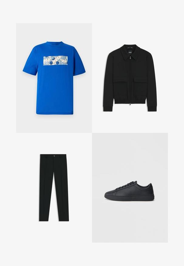 Black bomber jacket with a collared neck, zip front, and two large flap pockets. Features ribbed cuffs and hem, made of textured fabric.; Blue cotton t-shirt with a rectangular graphic design featuring rounded shapes and blue accents in a light-colored background. Short sleeves.; Black dress pants with a straight-leg design, made of smooth fabric. Features a front button closure and belt loops. Plain without patterns.; Black sneakers made of smooth leather with a low-top design, round toe, and flat rubber sole. Features laces and subtle branding.