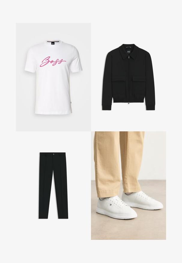 Zwarte bomberjack met een kraag, rits aan de voorkant en twee grote klepzakken. Heeft geribde manchetten en onderrand, gemaakt van textuurstof.; Witte katoenen t-shirt met korte mouwen, voorzien van een roze geborduurd "Boss" logo op de borst. Klassiek ontwerp met ronde hals.; Zwarte dresspants met een recht pasvorm, gemaakt van een gladde stof. Heeft een sluiting met een knoop aan de voorkant en ceintuurlussen. Effen zonder patronen.; Witte leren sneakers met een gladde afwerking, voorzien van een ronde neus, vlechtontwerp en subtiele logo-detail aan de zijkant, gecombineerd met beige broek.