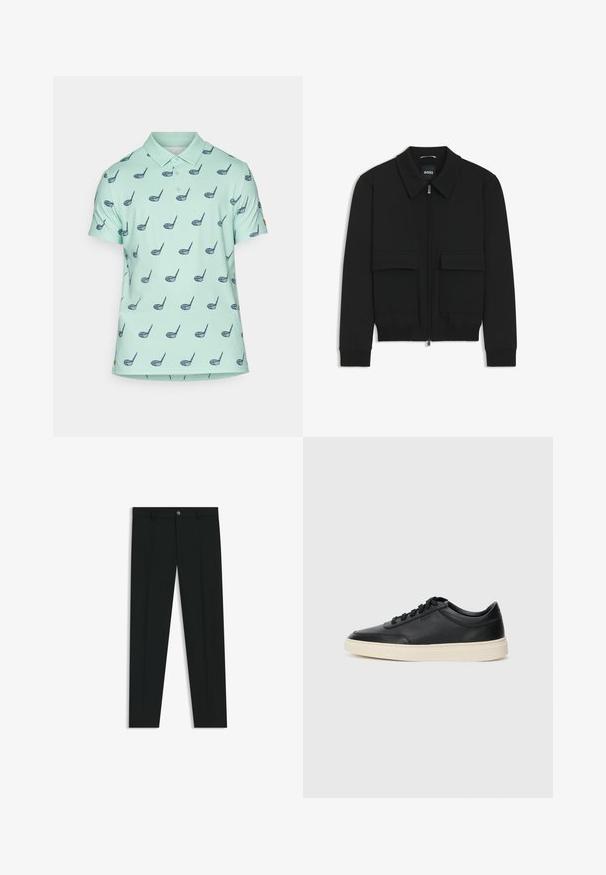 Zwarte bomberjack met een kraag, rits aan de voorkant en twee grote klepzakken. Heeft geribde manchetten en onderrand, gemaakt van textuurstof.; Polo shirt in licht mintgroen met een marineblauw golfclubprint, korte mouwen en een klassieke kraag, gemaakt van zachte, ademende stof.; Zwarte dresspants met een recht pasvorm, gemaakt van een gladde stof. Heeft een sluiting met een knoop aan de voorkant en ceintuurlussen. Effen zonder patronen.; Zwarte leren sneaker met lage schacht, zwarte veters en off-white zool, weergegeven in zijprofiel op een witte achtergrond.