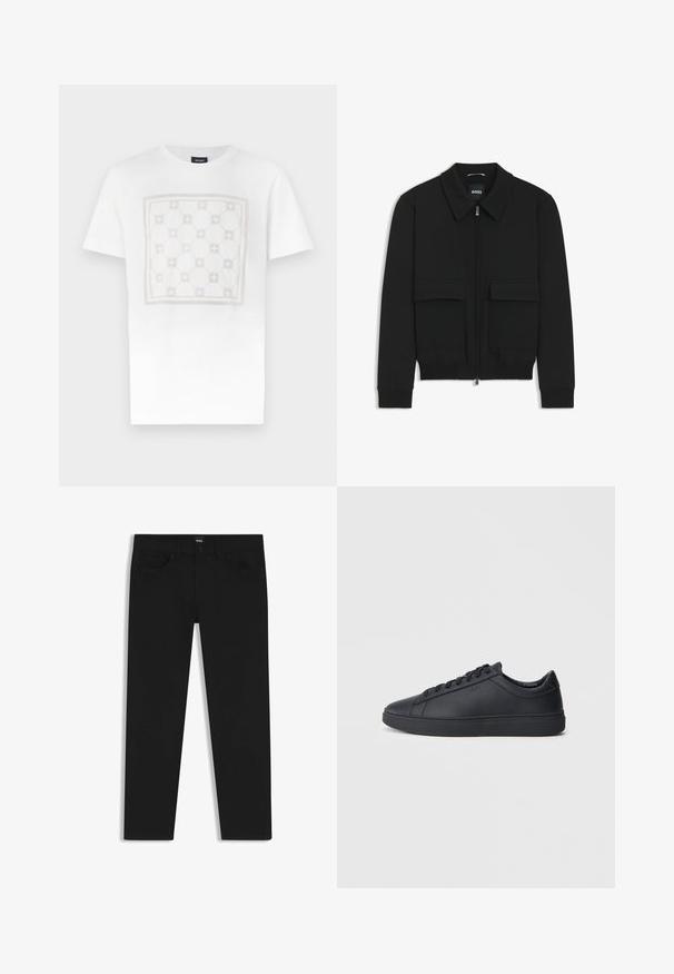 Czarna kurtka bomberka z kołnierzykiem, zapinana na zamek, z dwiema dużymi kieszeniami z klapami. Posiada ściągacze na mankietach i dole, wykonana z teksturowanej tkaniny.; Biała bawełniana koszulka z dużym, delikatnym wzorem w jasnym beżu w formie kwadratów oraz okrągłych kształtów i akcentów, wykończona okrągłym dekoltem.; Czarne dżinsy o prostym kroju, z klasycznym paskiem, pięcioma kieszeniami i zapięciem na guzik. Gładka faktura na całej powierzchni.; Czarne trampki wykonane z gładkiej skóry, w niskim kroju, z okrągłym noskiem i płaską gumową podeszwą. Posiadają sznurówki oraz dyskretną markę.