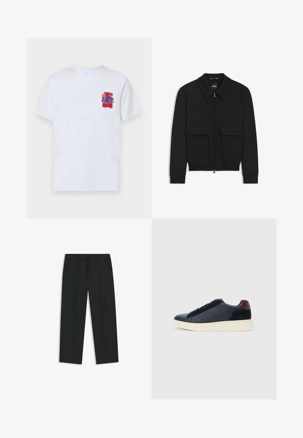 Black bomber jacket with a collared neck, zip front, and two large flap pockets. Features ribbed cuffs and hem, made of textured fabric.; White short-sleeve T-shirt featuring a colorful graphic design in red and blue at the left chest area with abstract shapes and patterns.; Black cargo pants made of nylon. Features an elastic waistband with a drawstring, side pockets, and flat front design.; Low-top men's sneaker in black leather and suede with maroon heel tab and white rubber sole, viewed from the outer side.