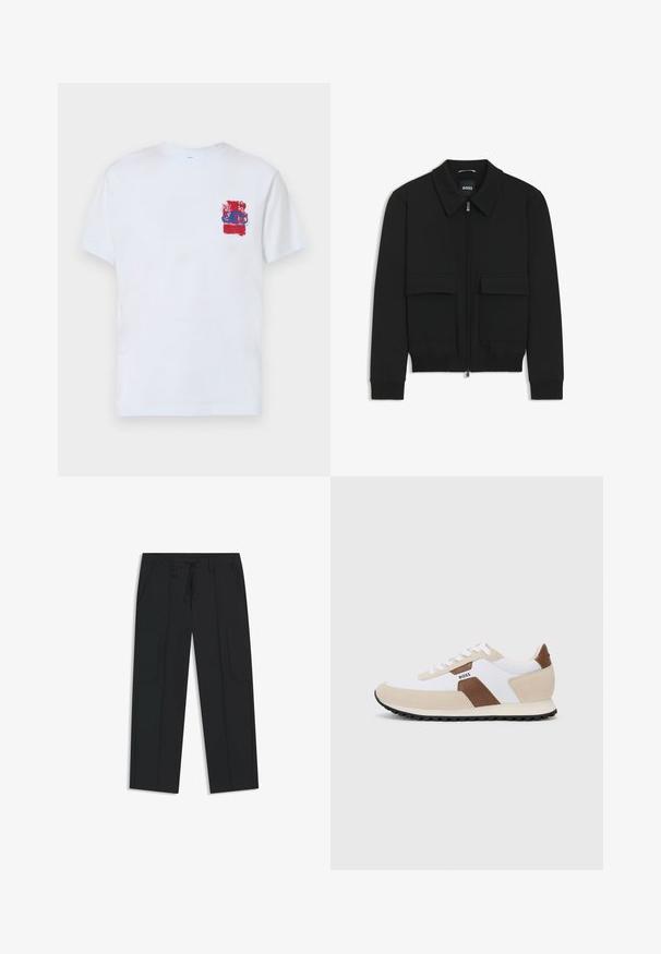 Svart bomberjacka med krage, dragkedja framtill och två stora klafffickor. Har ribbade mudd och nederkant, tillverkad av strukturerad tyg.; Vit kortärmad T-shirt med en färgglad grafisk design i rött och blått på vänster bröst, med abstrakta former och mönster.; Svarta cargo-byxor i nylon. Har resårmidja med dragsko, sidofickor och platt frontdesign.; Sneakers med en kombination av vit mesh och beige mocka, med en brun läderdetalj. Rund tå, platt gummisula och snördesign.