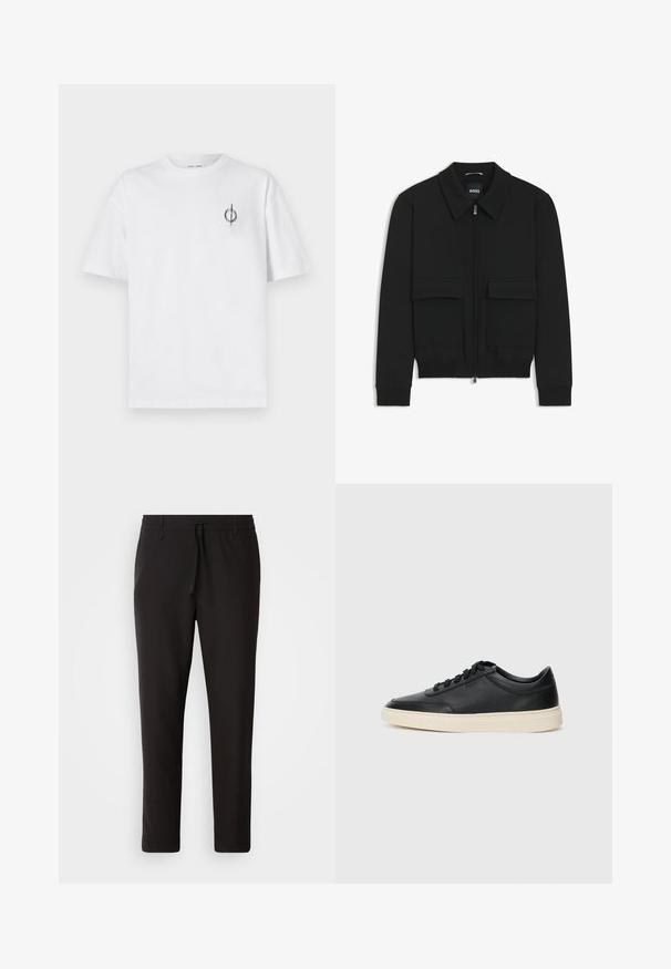 Sort bomberjakke med krave, lynlås foran og to store klaplommer. Har ribbede manchetter og bund, lavet af struktureret stof.; Hvid bomulds t-shirt med en afslappet pasform, der har et lille sort grafisk logo på venstre brystområde. Korte ærmer, rund halsstil.; Sorte joggebukser lavet af glat stof. Har en elastisk talje med snor, tætsiddende ben og ingen synlige lommer. Enkel design.; Sort lavt top lædersneaker med sorte snørebånd og off-white sål vist i sideprofil på hvid baggrund.