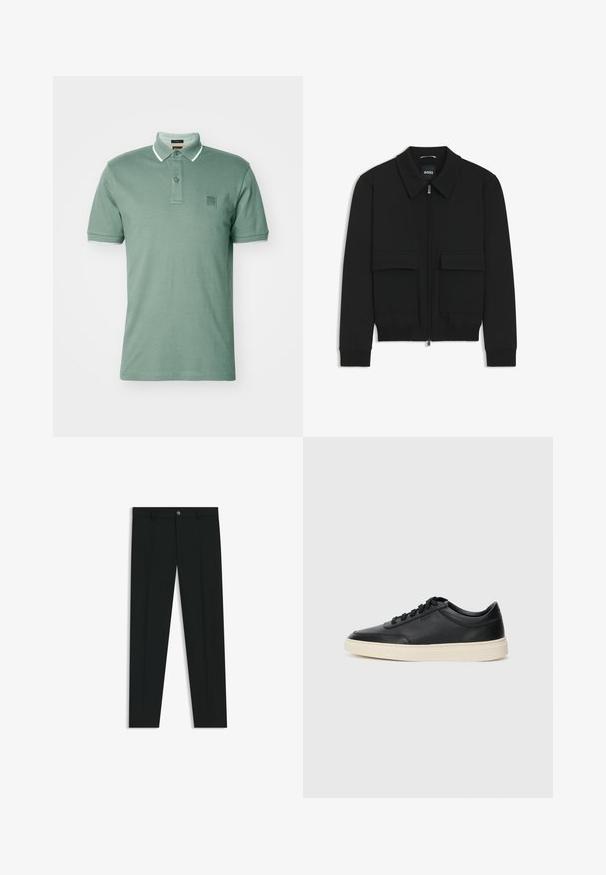 Zwarte bomberjack met een kraag, rits aan de voorkant en twee grote klepzakken. Heeft geribde manchetten en onderrand, gemaakt van textuurstof.; BOSS PASSERTIP - Poloshirt - open green; Zwarte dresspants met een recht pasvorm, gemaakt van een gladde stof. Heeft een sluiting met een knoop aan de voorkant en ceintuurlussen. Effen zonder patronen.; Zwarte leren sneaker met lage schacht, zwarte veters en off-white zool, weergegeven in zijprofiel op een witte achtergrond.
