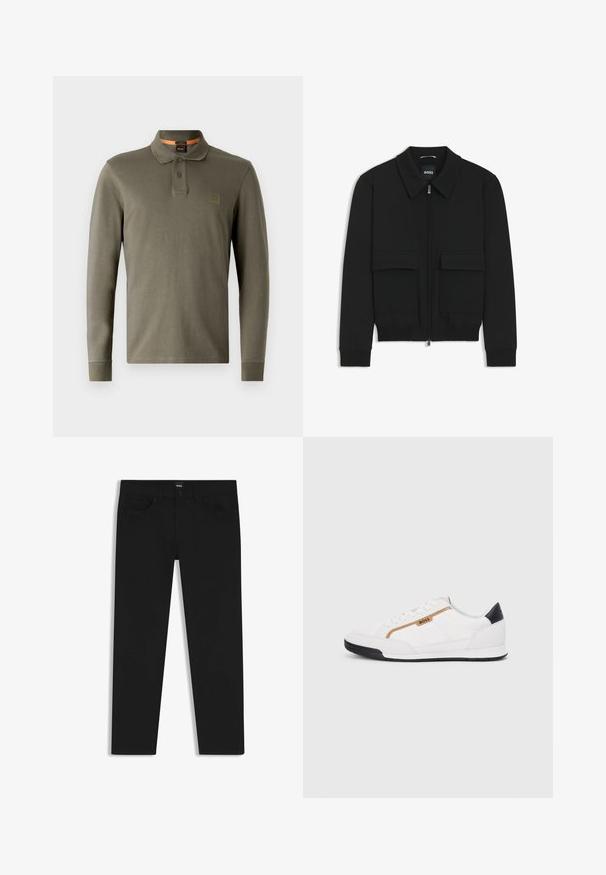 Black bomber jacket with a collared neck, zip front, and two large flap pockets. Features ribbed cuffs and hem, made of textured fabric.; Long-sleeve olive green polo shirt made of soft cotton, featuring a classic collar, two-button placket, and an embossed logo patch.; Black denim trousers with a straight cut, featuring a standard waistband, five pockets, and a button closure. Smooth texture throughout.; White athletic shoes with mesh and leather accents. Features a gold "BOSS" logo, textured side panels, and a black heel cap. Rubber sole.