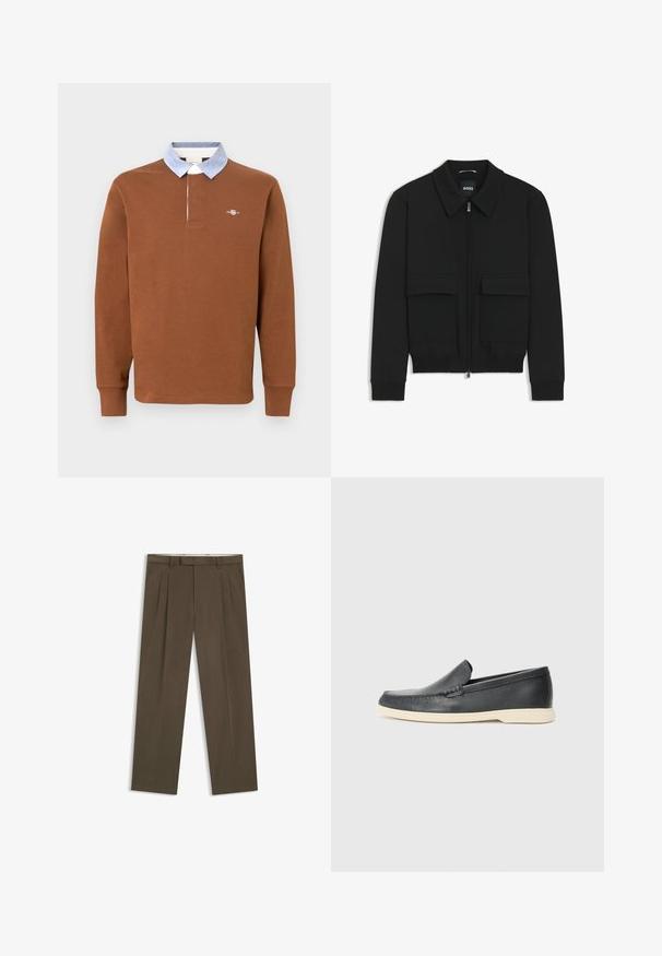Black bomber jacket with a collared neck, zip front, and two large flap pockets. Features ribbed cuffs and hem, made of textured fabric.; Brown long-sleeve polo shirt with a light blue collared neck, featuring a small logo on the chest and ribbed cuffs, made from soft fabric.; Brown pleated trousers made of cotton blend fabric. Features a straight cut, belt loops, and side pockets. Smooth texture with minimal detailing.; Black leather slip-on loafers with a textured finish and a contrasting beige rubber sole. Features a subtle accent along the front.
