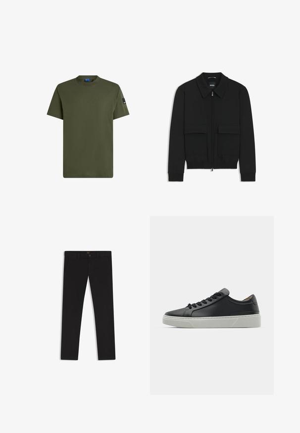 Black bomber jacket with a collared neck, zip front, and two large flap pockets. Features ribbed cuffs and hem, made of textured fabric.; Olive green short-sleeve t-shirt made of cotton. Features a round neckline and a small black label on the left sleeve. Smooth texture.; Black trousers made of fabric with a smooth texture. Features a button closure, belt loops, and side pockets. Standard straight-leg design.; Black leather sneaker with a smooth texture, round toe, and black laces. Features a thick, white rubber sole with subtle geometric accents.