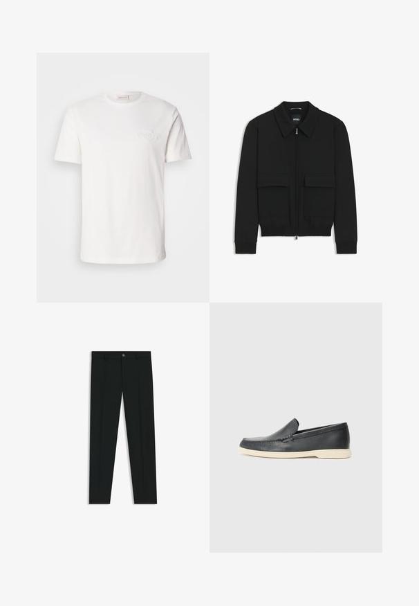 Black bomber jacket with a collared neck, zip front, and two large flap pockets. Features ribbed cuffs and hem, made of textured fabric.; White cotton t-shirt with short sleeves, featuring a subtle embossed logo on the chest. Classic crew neck design, smooth texture.; Black dress pants with a straight-leg design, made of smooth fabric. Features a front button closure and belt loops. Plain without patterns.; Black leather slip-on loafers with a textured finish and a contrasting beige rubber sole. Features a subtle accent along the front.