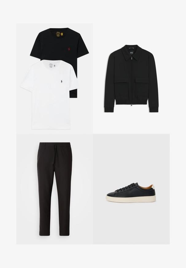 Svart bomberjacka med krage, dragkedja framtill och två stora klafffickor. Har ribbade mudd och nederkant, tillverkad av strukturerad tyg.; Två crew neck T-shirts: en svart och en vit, båda tillverkade av bomull, har små broderade logotyper på bröstet i kontrasterande färger.; Svarta joggingbyxor i slätt tyg. Har resårmidja med en dragsko, avsmalnande ben och inga synliga fickor. Enkelt design.; Svarta lädersneakers med en slät yta, beige gummisula, snörning och en kontrasterande hälackcent.