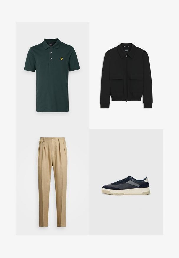 Schwarze Bikerjacke mit Kragen, Reißverschluss vorne und zwei großen Taschen mit Klappen. Mit Rippstrickbündchen und Saum, aus strukturiertem Stoff gefertigt.; Lyle & Scott Poloshirt - argyle teal; Beige Leinenhose mit geradem Schnitt, ausgestattet mit zwei vorderen Falten, einem Knopfverschluss und seitlichen Taschen. Strukturierter Stoff mit glatter Oberfläche.; BOSS BALTIMORE - Sneaker low - open blue