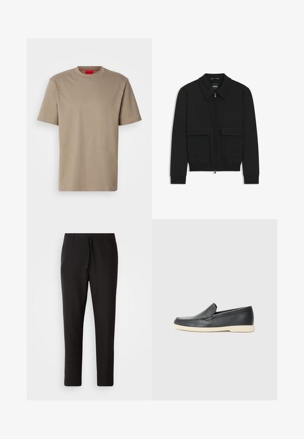 Black bomber jacket with a collared neck, zip front, and two large flap pockets. Features ribbed cuffs and hem, made of textured fabric.; Beige cotton t-shirt with a crew neckline, short sleeves, and a subtle embossed logo in the center. Features a red inner tag.; Black jogger pants made of smooth fabric. Feature an elastic waistband with a drawstring, tapered legs, and no visible pockets. Simple design.; Black leather slip-on loafers with a textured finish and a contrasting beige rubber sole. Features a subtle accent along the front.