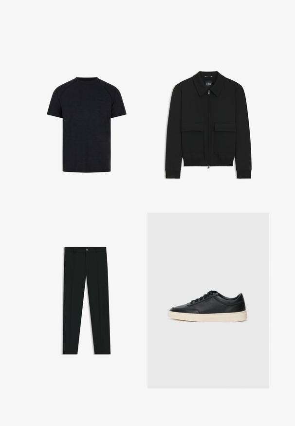 Sort bomberjakke med krave, lynlås foran og to store klaplommer. Har ribbede manchetter og bund, lavet af struktureret stof.; Sort crew-neck t-shirt lavet af glat stof. Har korte raglanærmer og et diskret prægede logo på området af frontbrystet.; Sorte dressbukser med lige ben-design, lavet af glat stof. Har en frontlukning med knap og bæltestropper. Enkle uden mønstre.; Sort lavt top lædersneaker med sorte snørebånd og off-white sål vist i sideprofil på hvid baggrund.