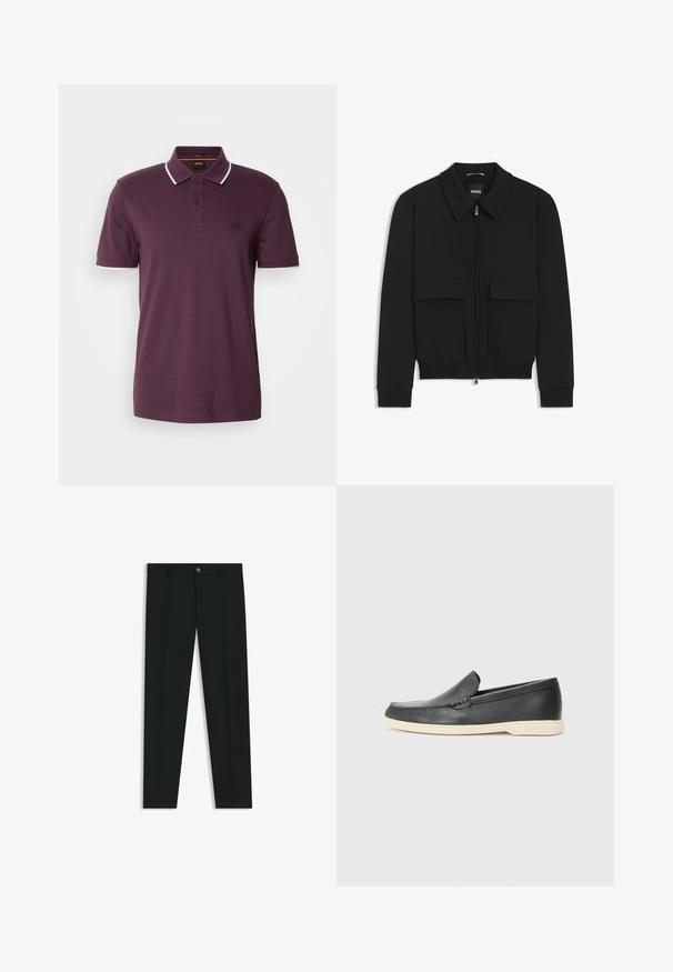 Giacca bomber nera con colletto, chiusura a zip frontale e due grandi tasche con patta. Presenta polsini e orlo a costine, realizzata in tessuto testurizzato.; Polo shirt viola scuro con una patta a due bottoni, dettagli bianchi sul colletto e sulle maniche, e una piccola patch con logo sul petto.; Pantaloni neri in tessuto lisci, con design a gamba dritta. Presentano una chiusura frontale con bottone e passanti per cintura. Senza fantasie.; Mocassini neri in pelle con finitura testurizzata e suola in gomma beige a contrasto. Presentano un accento sottile lungo la parte anteriore.