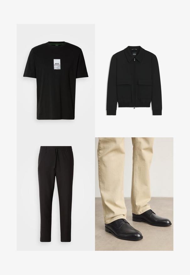 Black bomber jacket with a collared neck, zip front, and two large flap pockets. Features ribbed cuffs and hem, made of textured fabric.; Black cotton t-shirt with short sleeves, featuring a rectangular graphic design with "BOSS" text in white and subtle accents.; Black jogger pants made of smooth fabric. Feature an elastic waistband with a drawstring, tapered legs, and no visible pockets. Simple design.; Black leather lace-up shoes with a rounded toe, smooth finish, and subtle stitching details, worn with light beige pants.