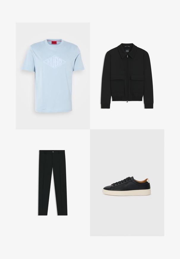 Musta pommikohva takki, jossa on kauluskulli, vetoketju etupuolella ja kaksi suurta läpällistä taskua. Varustettu ribbireunuksilla hihoissa ja helmassa, valmistettu teksturoituneesta kankaasta.; Vaaleansininen puuvillainen T-paita, jossa on lyhyet hihat ja pyöreä kaula-aukko. Siinä on kohokuvioitu timanttilogo valkoisena, jossa lukee "HUGO."; Musta housut, joissa on suora lahje, valmistettu sileästä kankaasta. Edessä nappisulku ja vyölenkit. Yksinkertainen ilman kuvioita.; Mustat nahkasneakerit, joissa on sileä pinta, beige kumipohja, nauhakiinnitys ja erottuva kanta-aksentti.