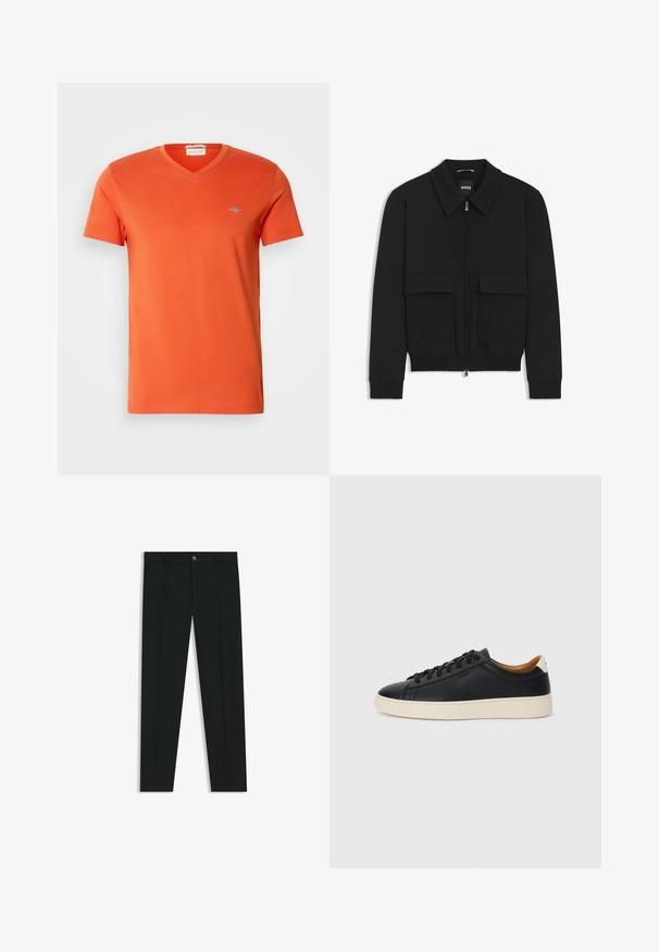 Czarna kurtka bomberka z kołnierzykiem, zapinana na zamek, z dwiema dużymi kieszeniami z klapami. Posiada ściągacze na mankietach i dole, wykonana z teksturowanej tkaniny.; Pomarańczowa bawełniana koszulka z dekoltem w kształcie litery V, krótkimi rękawami i małym logo na piersi. Gładka faktura i równe szwy.; Czarne spodnie materiałowe z prostymi nogawkami, wykonane z gładkiego materiału. Posiadają zamek na guzik z przodu oraz szlufki na pasek. Gładkie, bez wzorów.; Czarne skórzane trampki o gładkiej fakturze, jasnobrązowa gumowa podeszwa, sznurowana konstrukcja i kontrastujący akcent na pięcie.