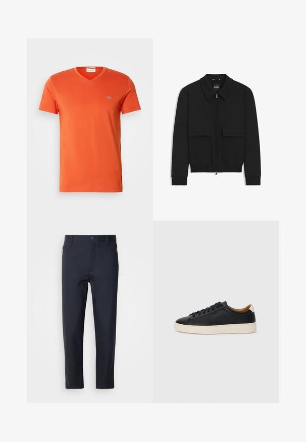 Giacca bomber nera con colletto, chiusura a zip frontale e due grandi tasche con patta. Presenta polsini e orlo a costine, realizzata in tessuto testurizzato.; T-shirt in cotone arancione con scollo a V, maniche corte e un piccolo logo sul petto. Texture liscia e cuciture uniformi.; Pantaloni su misura blu navy realizzati in tessuto liscio, con tasca con zip, gamba dritta e chiusura a bottone in vita.; Sneakers in pelle nera con una texture liscia, suola in gomma beige, design con lacci e un accento del tacco in contrasto.