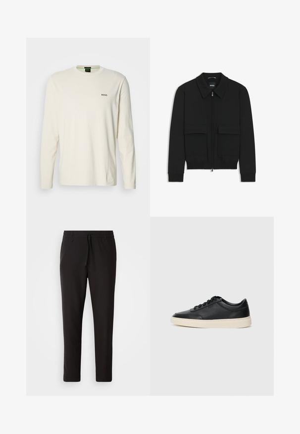 Black bomber jacket with a collared neck, zip front, and two large flap pockets. Features ribbed cuffs and hem, made of textured fabric.; Long-sleeve cream t-shirt made of cotton, featuring a round neck, with a small black "BOSS" logo on the chest. Smooth, lightweight fabric.; Black jogger pants made of smooth fabric. Feature an elastic waistband with a drawstring, tapered legs, and no visible pockets. Simple design.; Black low-top leather sneaker with black laces and off-white sole shown in side profile on white background.
