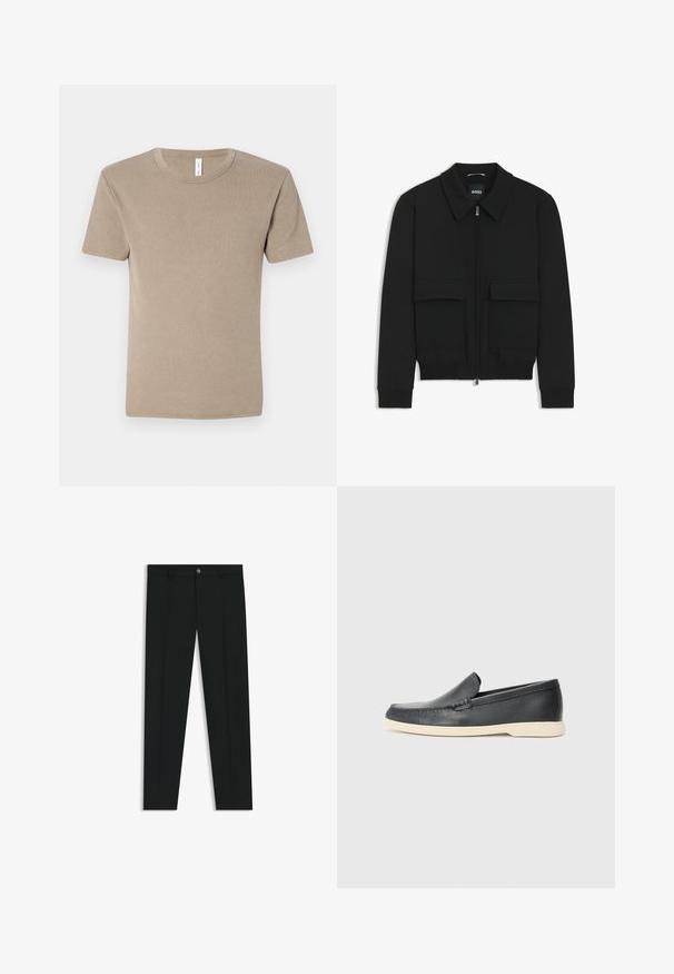 Giacca bomber nera con colletto, chiusura a zip frontale e due grandi tasche con patta. Presenta polsini e orlo a costine, realizzata in tessuto testurizzato.; T-shirt marrone a maniche corte realizzato in cotone morbido. Caratterizzato da un collo a giro e un design semplice senza motivi o abbellimenti.; Pantaloni neri in tessuto lisci, con design a gamba dritta. Presentano una chiusura frontale con bottone e passanti per cintura. Senza fantasie.; Mocassini neri in pelle con finitura testurizzata e suola in gomma beige a contrasto. Presentano un accento sottile lungo la parte anteriore.