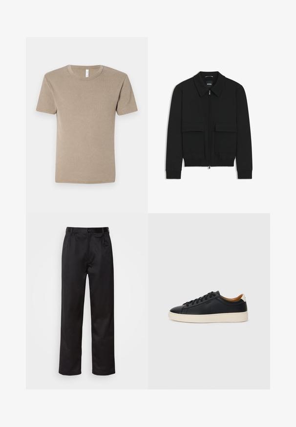 Schwarze Bikerjacke mit Kragen, Reißverschluss vorne und zwei großen Taschen mit Klappen. Mit Rippstrickbündchen und Saum, aus strukturiertem Stoff gefertigt.; Braunes, kurzärmliges T-Shirt aus weichem Baumwollstoff. Es hat einen Rundhalsausschnitt und ein einfaches Design ohne Muster oder Verzierungen.; Schwarze Hosen aus glattem Stoff, mit einem Knopfverschluss vorne, Falten und geraden Beinen. Keine sichtbaren Muster oder Akzente.; Schwarze Ledersneaker mit glatter Textur, beiger Gummisohle, Schnürdesign und einem kontrastierenden Fersenakzent.