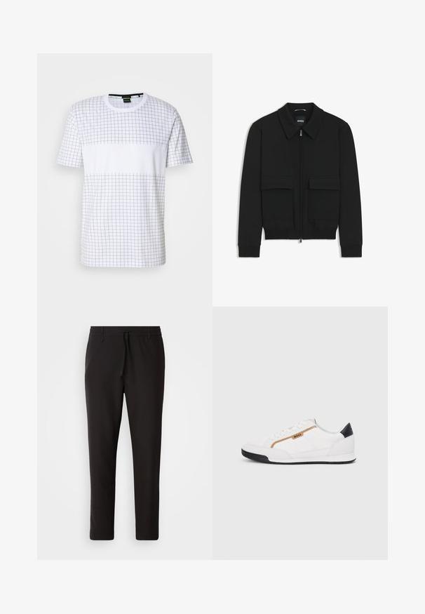 Sort bomberjakke med krave, lynlås foran og to store klaplommer. Har ribbede manchetter og bund, lavet af struktureret stof.; Hvid T-shirt med kort Ærme, prydet med et mønster i grå, der ligner et gitter. Designet inkluderer et solidt bånd tvær over midten med et logo.; Sorte joggebukser lavet af glat stof. Har en elastisk talje med snor, tætsiddende ben og ingen synlige lommer. Enkel design.; Hvide atletiske sko med mesh og læderdetaljer. Har et gyldent "BOSS" logo, teksturerede sidepaneler og en sort hælkappe. Gummisål.