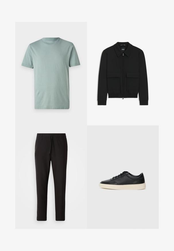 Black bomber jacket with a collared neck, zip front, and two large flap pockets. Features ribbed cuffs and hem, made of textured fabric.; Light green short-sleeve t-shirt made of soft fabric, featuring a round neckline and a small logo on the chest. Smooth texture, minimal design.; Black jogger pants made of smooth fabric. Feature an elastic waistband with a drawstring, tapered legs, and no visible pockets. Simple design.; Black low-top leather sneaker with black laces and off-white sole shown in side profile on white background.