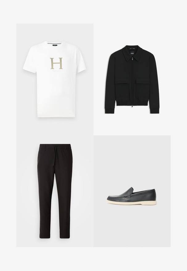 Schwarze Bikerjacke mit Kragen, Reißverschluss vorne und zwei großen Taschen mit Klappen. Mit Rippstrickbündchen und Saum, aus strukturiertem Stoff gefertigt.; Weißes Baumwoll-T-Shirt mit kurzen Ärmeln. Auf der Vorderseite befindet sich ein großes goldenes "H" und darunter der Markenname "Hackett" in einer dezenten Schriftart. Weicher Stoff.; Schwarze Jogginghose aus glattem Stoff. Mit einem elastischen Bund und Kordelzug, schmal zulaufenden Beinen und ohne sichtbare Taschen. Einfaches Design.; Schwarze Leder-Slipper mit strukturiertem Finish und einer kontrastierenden beige Gummisohle. Mit einem dezenten Akzent an der Vorderseite.