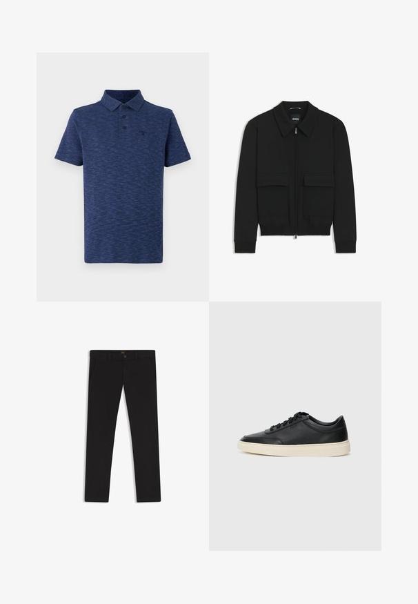 Czarna kurtka bomberka z kołnierzykiem, zapinana na zamek, z dwiema dużymi kieszeniami z klapami. Posiada ściągacze na mankietach i dole, wykonana z teksturowanej tkaniny.; Granatowa koszulka polo z textured wzorem, trzy guziki przy kołnierzu oraz małe czarne logo po lewej stronie klatki piersiowej.; Czarne spodnie uszyte z materiału o gładkiej teksturze. Posiadają zapięcie na guzik, szlufki na pasek oraz boczne kieszenie. Standardowy krój prostych nogawek.; Czarne niskie skórzane sneakersy z czarnymi sznurówkami i off-white podeszwą, prezentowane w profilu bocznym na białym tle.