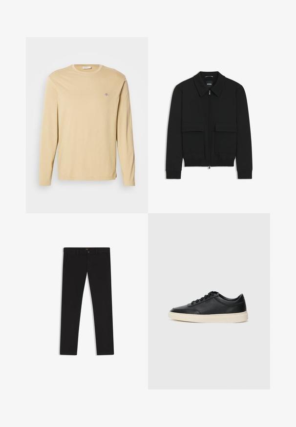 Zwarte bomberjack met een kraag, rits aan de voorkant en twee grote klepzakken. Heeft geribde manchetten en onderrand, gemaakt van textuurstof.; Beige langslavige crewneck shirt met klein geborduurd logo op de bovenste linkerborst, weergegeven tegen een effen witte achtergrond.; Zwarte broek van stof met een gladde textuur. Bevat een knoopsluiting, riemlussen en zijzakken. Standaard straight-leg ontwerp.; Zwarte leren sneaker met lage schacht, zwarte veters en off-white zool, weergegeven in zijprofiel op een witte achtergrond.