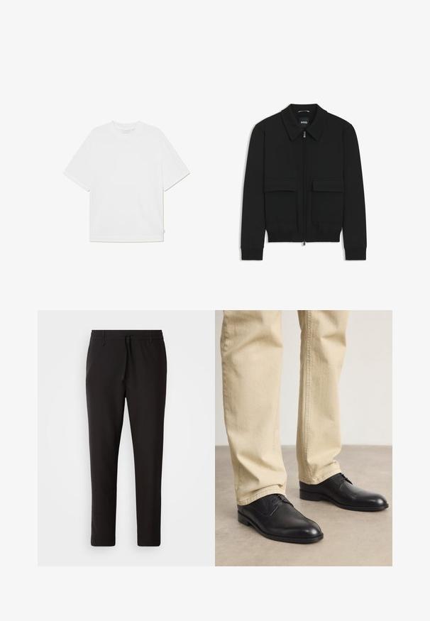 Black bomber jacket with a collared neck, zip front, and two large flap pockets. Features ribbed cuffs and hem, made of textured fabric.; White short-sleeve t-shirt made of soft cotton. Features a round neckline, relaxed fit, and side tag detailing. Smooth texture.; Black jogger pants made of smooth fabric. Feature an elastic waistband with a drawstring, tapered legs, and no visible pockets. Simple design.; Black leather lace-up shoes with a rounded toe, smooth finish, and subtle stitching details, worn with light beige pants.