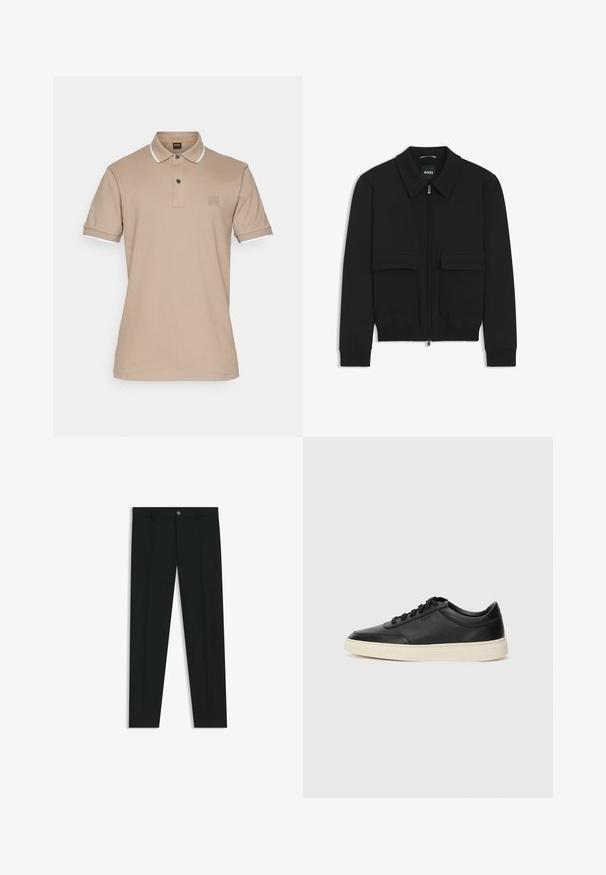 Black bomber jacket with a collared neck, zip front, and two large flap pockets. Features ribbed cuffs and hem, made of textured fabric.; BOSS PASSERTIP - Polo shirt - open brown; Black dress pants with a straight-leg design, made of smooth fabric. Features a front button closure and belt loops. Plain without patterns.; Black low-top leather sneaker with black laces and off-white sole shown in side profile on white background.