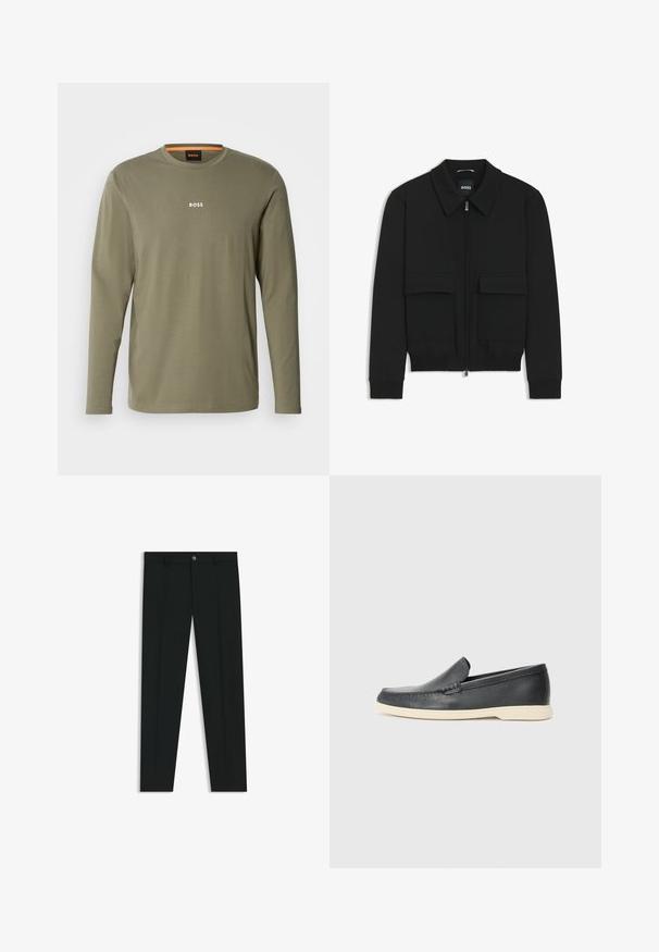 Musta pommikohva takki, jossa on kauluskulli, vetoketju etupuolella ja kaksi suurta läpällistä taskua. Varustettu ribbireunuksilla hihoissa ja helmassa, valmistettu teksturoituneesta kankaasta.; Pitkähihaisessa oliivinvihreässä T-paidassa on pehmeä kangas, pyöreä pääntie ja valkoinen "BOSS"-logo rinnassa. Sujuva pinta.; Musta housut, joissa on suora lahje, valmistettu sileästä kankaasta. Edessä nappisulku ja vyölenkit. Yksinkertainen ilman kuvioita.; Mustat nahkakengät ilman nauhoja, joissa on teksturoitu pinta ja kontrastoiva beige kumipohja. Kengissä on hillitty yksityiskohta etuosassa.