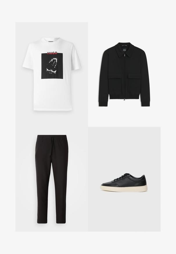 Black bomber jacket with a collared neck, zip front, and two large flap pockets. Features ribbed cuffs and hem, made of textured fabric.; White cotton t-shirt featuring a large black square graphic with a stylized mouth illustration and red "HUGO" text above.; Black jogger pants made of smooth fabric. Feature an elastic waistband with a drawstring, tapered legs, and no visible pockets. Simple design.; Black low-top leather sneaker with black laces and off-white sole shown in side profile on white background.