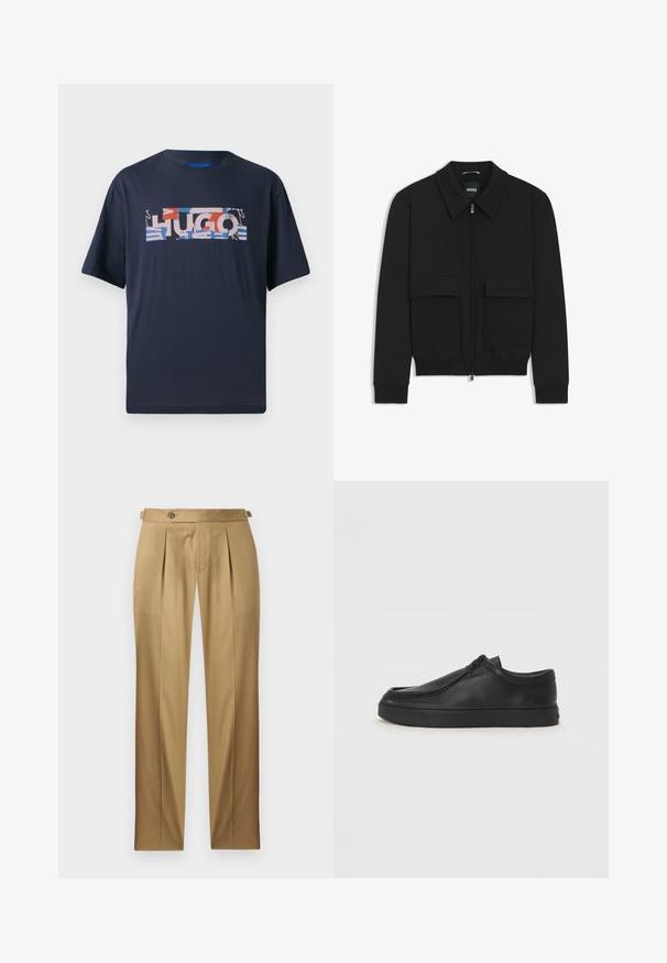 Black bomber jacket with a collared neck, zip front, and two large flap pockets. Features ribbed cuffs and hem, made of textured fabric.; Navy blue cotton t-shirt with short sleeves featuring a multicolored "HUGO" graphic design on the front in various shapes and patterns.; Beige trousers with a straight fit, featuring pleats, a button closure, and belt loops. Smooth fabric with a clean, tailored look.; Black leather slip-on shoe with a rounded toe, stitched detailing, and black rubber sole. Smooth texture with minimalistic design.