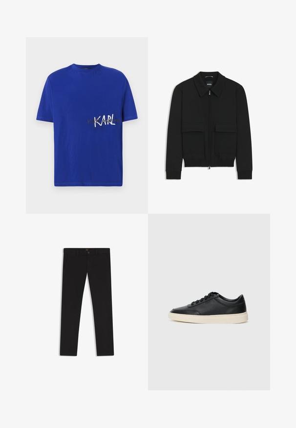 Black bomber jacket with a collared neck, zip front, and two large flap pockets. Features ribbed cuffs and hem, made of textured fabric.; Blue cotton t-shirt with a crew neckline. Features white text "KARL" and additional gold lettering, short sleeves and a regular fit.; Black trousers made of fabric with a smooth texture. Features a button closure, belt loops, and side pockets. Standard straight-leg design.; Black low-top leather sneaker with black laces and off-white sole shown in side profile on white background.