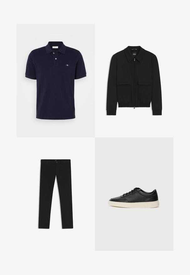 Musta pommikohva takki, jossa on kauluskulli, vetoketju etupuolella ja kaksi suurta läpällistä taskua. Varustettu ribbireunuksilla hihoissa ja helmassa, valmistettu teksturoituneesta kankaasta.; T-paita purjehduskankaisena tummansinisenä, jossa on klassinen kaulus, kaksinappinen etuosa, lyhyet hihat ja pieni brodeerattu logo rinnassa.; Mustat housut, jotka on valmistettu sileätekstiilisestä kankaasta. Varustettu nappikiinnityksellä, vyölenkeillä ja sivutaskuilla. Standardi suora lahjemalli.; Musta matalavartinen nahkastretchu, jossa on mustat nauhat ja vaaleanharmaa pohja, esitetty sivuprofiilissa valkoista taustaa vasten.