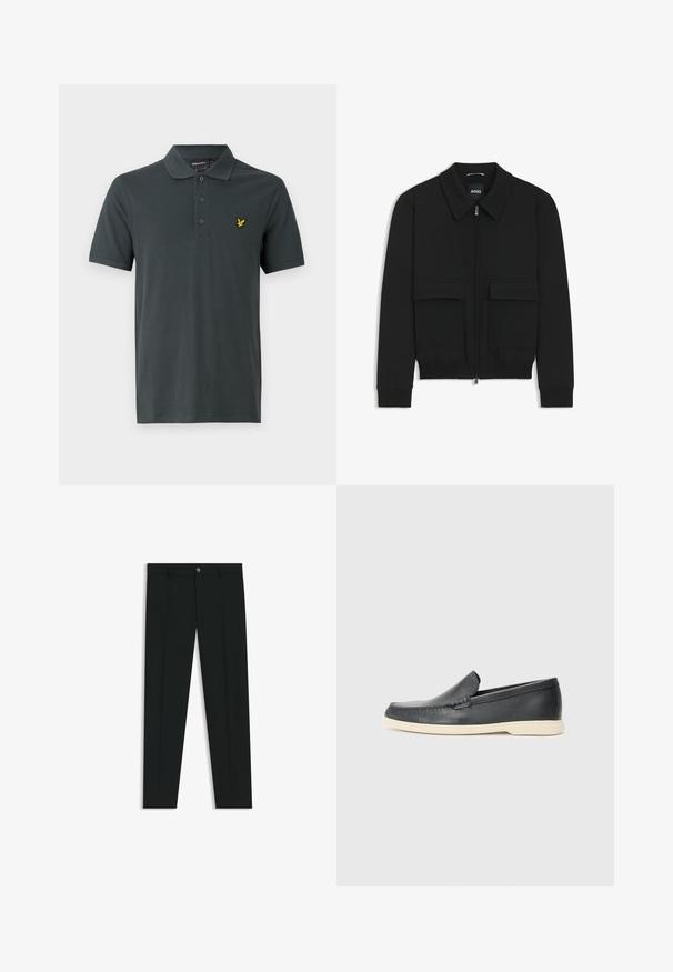 Giacca bomber nera con colletto, chiusura a zip frontale e due grandi tasche con patta. Presenta polsini e orlo a costine, realizzata in tessuto testurizzato.; Polo in cotone grigio scuro con colletto classico, pattina con tre bottoni e un piccolo logo giallo ricamato sul lato sinistro del petto.; Pantaloni neri in tessuto lisci, con design a gamba dritta. Presentano una chiusura frontale con bottone e passanti per cintura. Senza fantasie.; Mocassini neri in pelle con finitura testurizzata e suola in gomma beige a contrasto. Presentano un accento sottile lungo la parte anteriore.