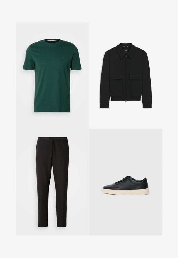 Black bomber jacket with a collared neck, zip front, and two large flap pockets. Features ribbed cuffs and hem, made of textured fabric.; BOSS THOMPSON - Basic T-shirt - open green; Black jogger pants made of smooth fabric. Feature an elastic waistband with a drawstring, tapered legs, and no visible pockets. Simple design.; Black low-top leather sneaker with black laces and off-white sole shown in side profile on white background.