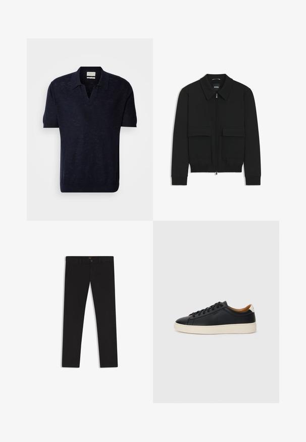 Svart bomberjacka med krage, dragkedja framtill och två stora klafffickor. Har ribbade mudd och nederkant, tillverkad av strukturerad tyg.; Marinblå stickad pikétröja med korta ärmar, V-hals och subtil struktur. Har GANT-logotypen broderad i matchande färg på bröstet.; Svarta byxor gjorda av tyg med en slät textur. Har en knäppning med knapp, bälteshällor och sidofickor. Standard rakt ben-design.; Svarta lädersneakers med en slät yta, beige gummisula, snörning och en kontrasterande hälackcent.