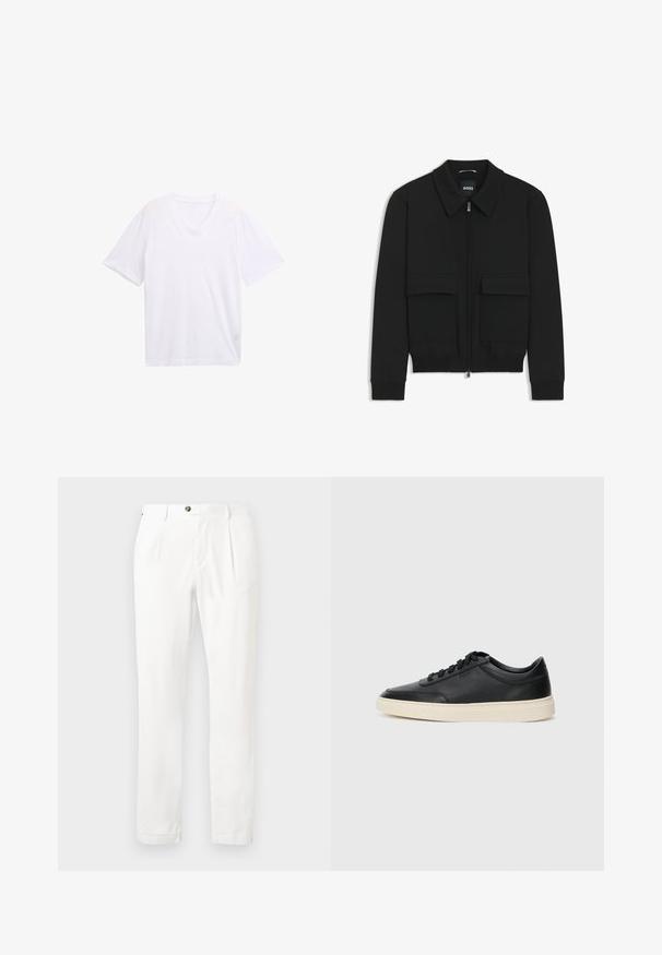 Zwarte bomberjack met een kraag, rits aan de voorkant en twee grote klepzakken. Heeft geribde manchetten en onderrand, gemaakt van textuurstof.; Witte V-hals t-shirt van lichtgewicht katoen. Korte mouwen en een ontspannen pasvorm. Soepele textuur zonder grafische patronen of accenten.; Witte broeken met een platte voorkant, twee plooien en een knoopsluiting. Gemaakt van lichte stof, met rechte pijpen en opgerolde manchetten.; Zwarte leren sneaker met lage schacht, zwarte veters en off-white zool, weergegeven in zijprofiel op een witte achtergrond.