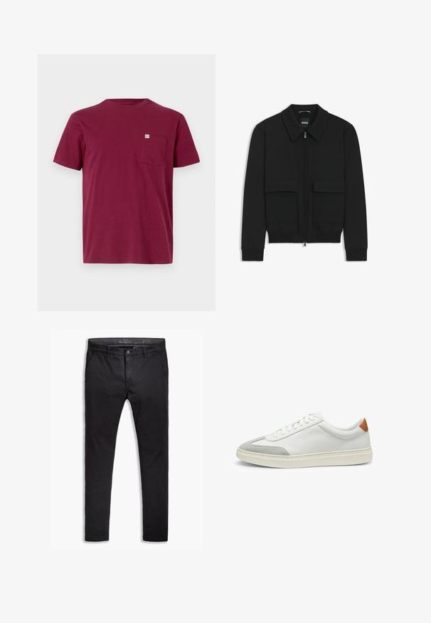 Zwarte bomberjack met een kraag, rits aan de voorkant en twee grote klepzakken. Heeft geribde manchetten en onderrand, gemaakt van textuurstof.; Bordeaux katoenen t-shirt met een ronde hals, korte mouwen en een zakje op de linkerborst. Beschikt over een klein merklabel op het zakje.; Zwarte katoenen chinos met een taps toelopende pasvorm, voorzien van vijf zakken, riemlussen en een gladde textuur. Ritssluiting met een knoopsluiting.; Witte leren sneakers met grijze suede accenten en een tan leren hieltab. Kenmerkt zich door een textuurovervlak en een lichtgewicht zool.