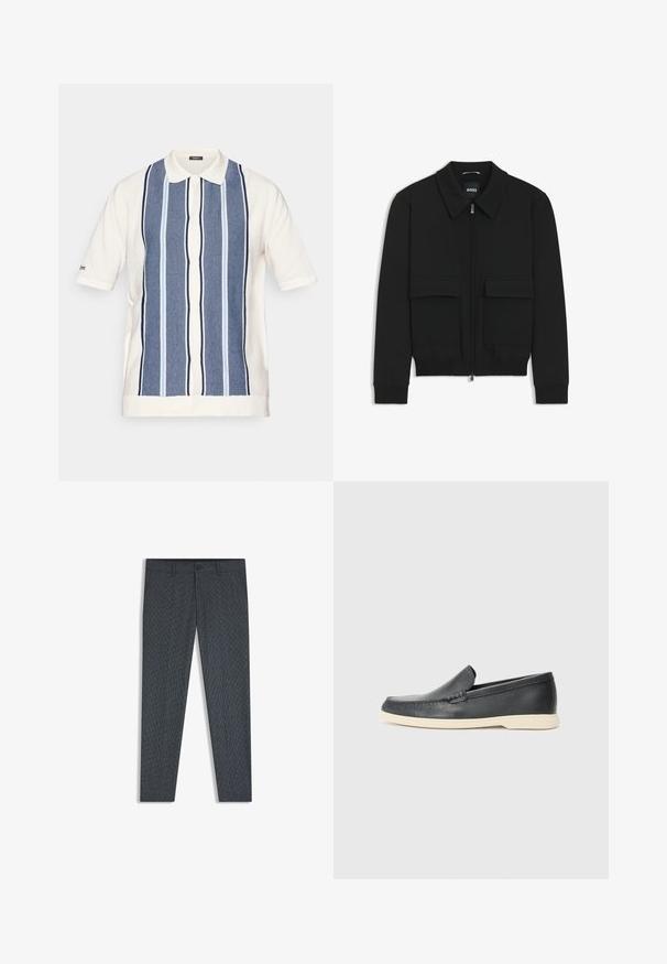 Black bomber jacket with a collared neck, zip front, and two large flap pockets. Features ribbed cuffs and hem, made of textured fabric.; Short-sleeve polo shirt in cream with blue striped design. Features a button-up front and a classic collar. Made from textured fabric.; Dark gray trousers featuring a textured fabric with a subtle pattern, slim-fit design, standard waistband, and a single button closure.; Black leather slip-on loafers with a textured finish and a contrasting beige rubber sole. Features a subtle accent along the front.