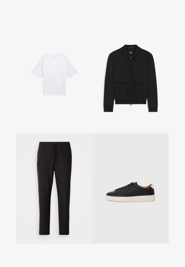 Giacca bomber nera con colletto, chiusura a zip frontale e due grandi tasche con patta. Presenta polsini e orlo a costine, realizzata in tessuto testurizzato.; T-shirt bianco a maniche corte in cotone. Vestibilità rilassata con colletto a girocollo. Texture liscia e senza motivi o accenti visibili.; Pantaloni jogger neri realizzati in tessuto liscio. Presentano una vita elasticizzata con stringa, gambe affusolate e senza tasche visibili. Design semplice.; Sneakers in pelle nera con una texture liscia, suola in gomma beige, design con lacci e un accento del tacco in contrasto.