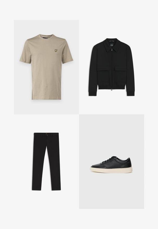 Svart bomberjacka med krage, dragkedja framtill och två stora klafffickor. Har ribbade mudd och nederkant, tillverkad av strukturerad tyg.; Lyle & Scott T-shirt - bas - sage; Svarta byxor gjorda av tyg med en slät textur. Har en knäppning med knapp, bälteshällor och sidofickor. Standard rakt ben-design.; Svart låg skor i läder med svarta snören och off-white sula, visas i sidoprofil på vit bakgrund.