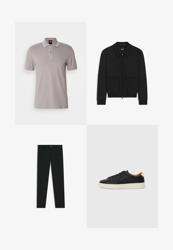 Giacca bomber nera con colletto, chiusura a zip frontale e due grandi tasche con patta. Presenta polsini e orlo a costine, realizzata in tessuto testurizzato.; Polo grigio realizzato in morbido cotone, con una patta a due bottoni, accenti bianchi sul colletto e una piccola etichetta con logo sul petto.; Pantaloni neri in tessuto lisci, con design a gamba dritta. Presentano una chiusura frontale con bottone e passanti per cintura. Senza fantasie.; Sneakers in pelle nera con una texture liscia, suola in gomma beige, design con lacci e un accento del tacco in contrasto.