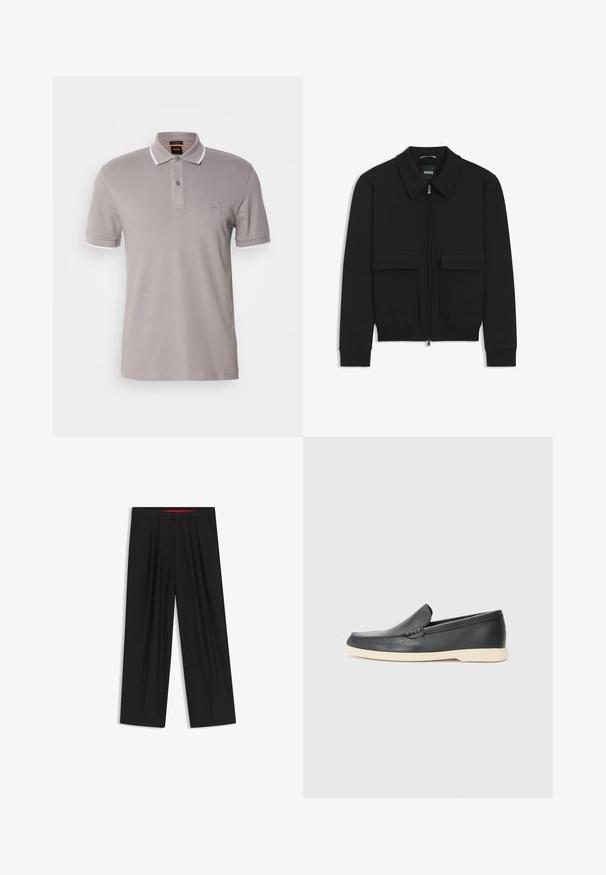 Veste bomber noire avec col, fermeture éclair à l'avant et deux grandes poches à rabat. Dotée de poignets et d'un bas côtelés, fabriquée en tissu texturé.; Polo gris en coton doux, doté d'un plastron à deux boutons, d'accents de col blancs et d'un petit logo sur la poitrine.; Pantalons larges noirs avec une taille plate, deux poches latérales, un design plissé et une ceinture intérieure contrastante rouge.; Mocassins noirs en cuir à enfiler avec une finition texturée et une semelle en caoutchouc beige contrastante. Présente un accent subtil sur le devant.